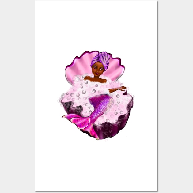 Mermaid spa day in Oyster clam shell 3 - Black anime mermaid in bubble bath. Pretty black girl with Afro hair, green eyes, Cherry pink lips and dark brown skin. Hair love ! Wall Art by Artonmytee